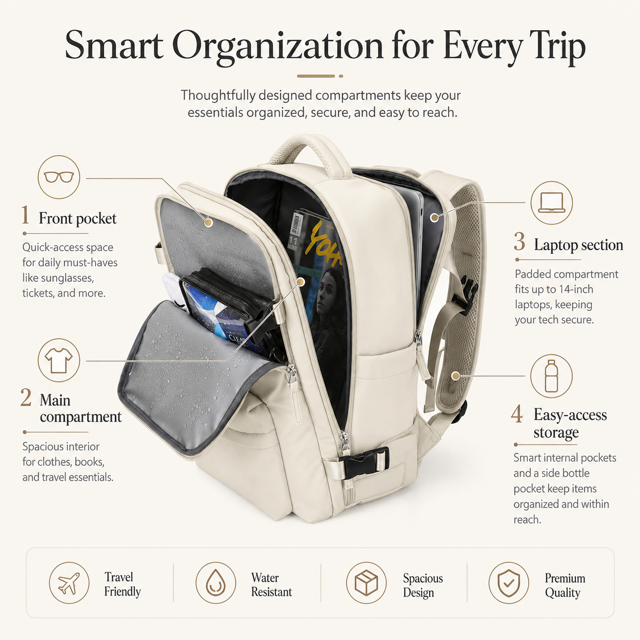Women’s Flight-Ready Carry-On Backpack with Shoe Compartment & Wet Pocket – Beige