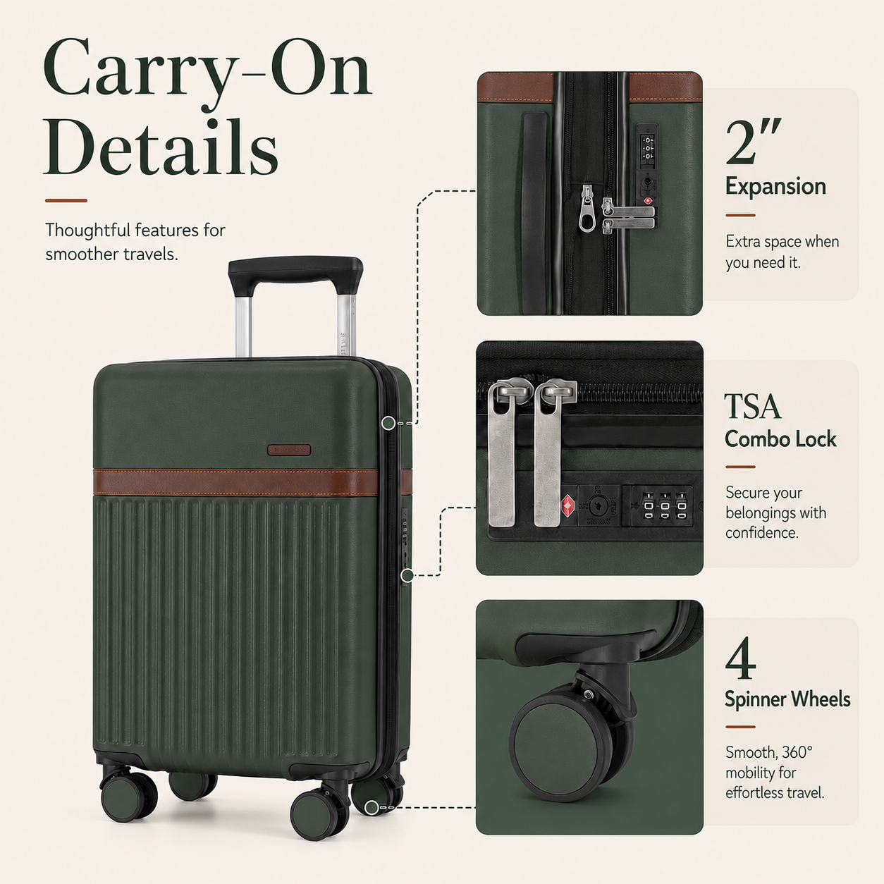Green 3-Piece Carry-On Luggage Set with Backpack & Toiletry Bag