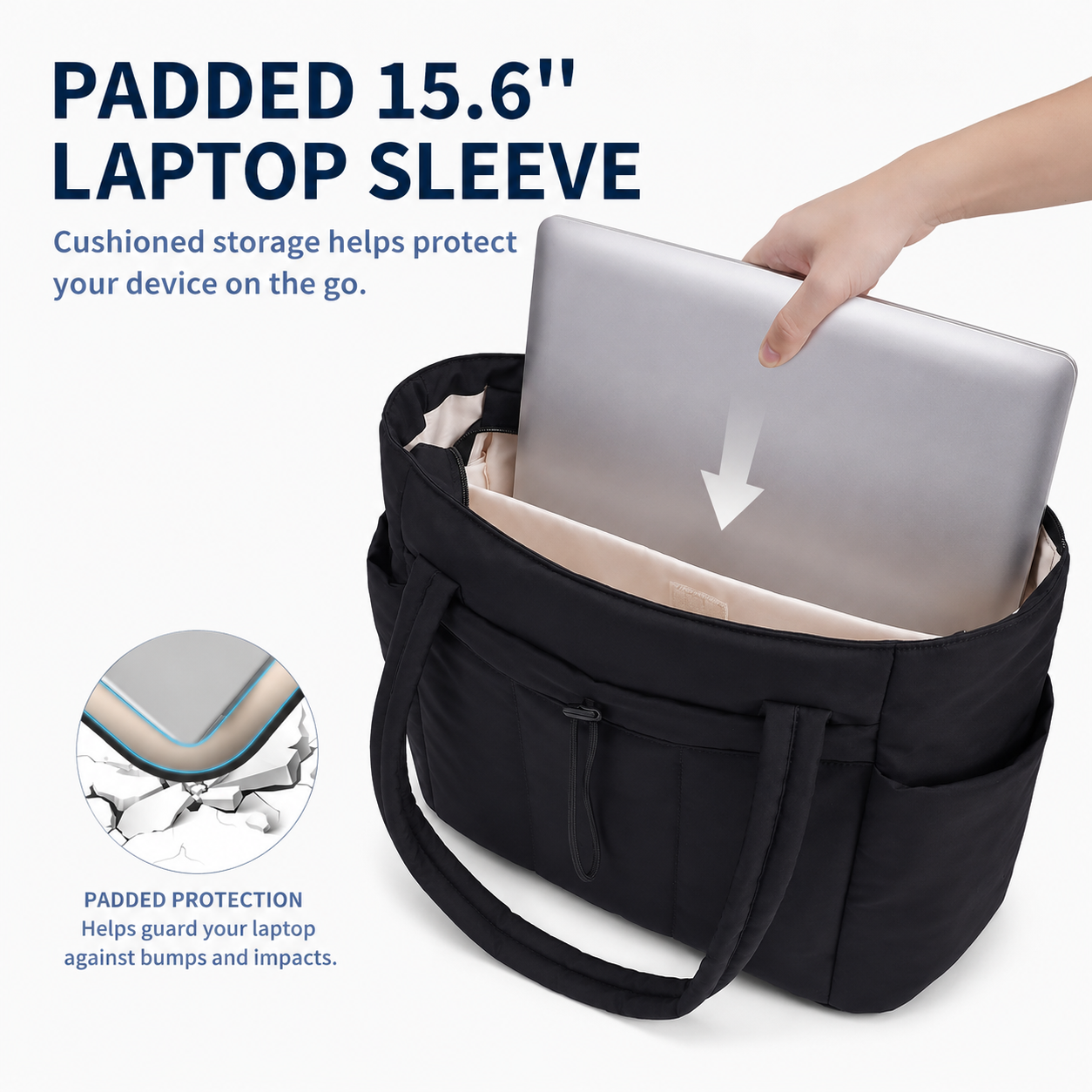 Premium 20L Puffer Laptop Tote Bag with 40 oz Tumbler Holder & Trolley Sleeve – Black