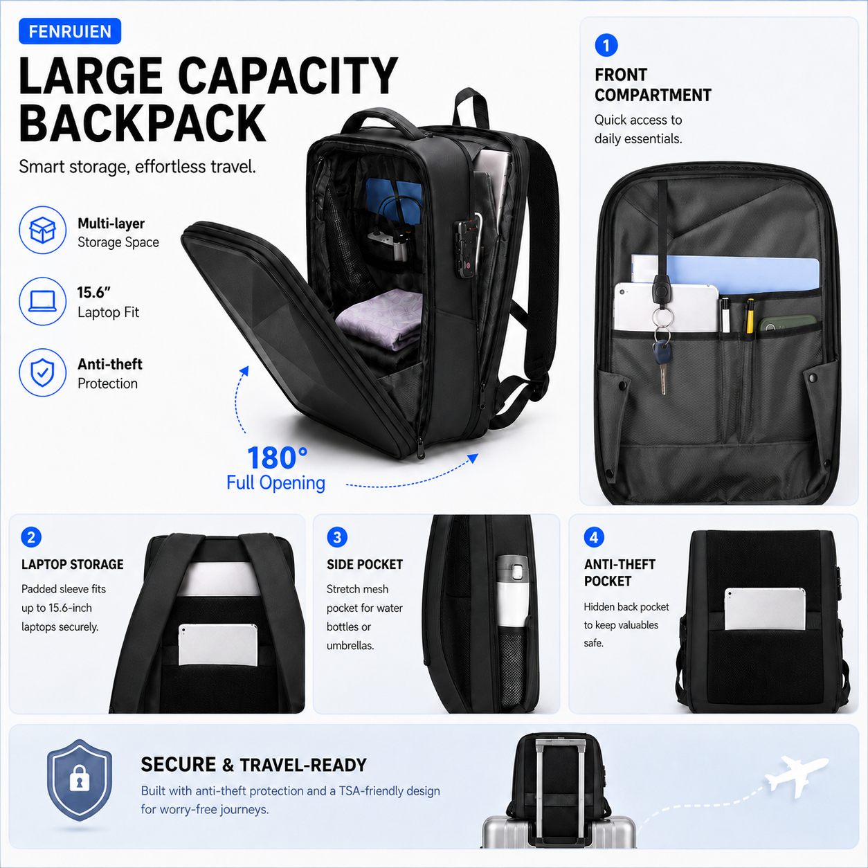 Expandable Hard Shell Anti-Theft Laptop Backpack – 15.6” Business Travel Bag with TSA Lock & USB Port