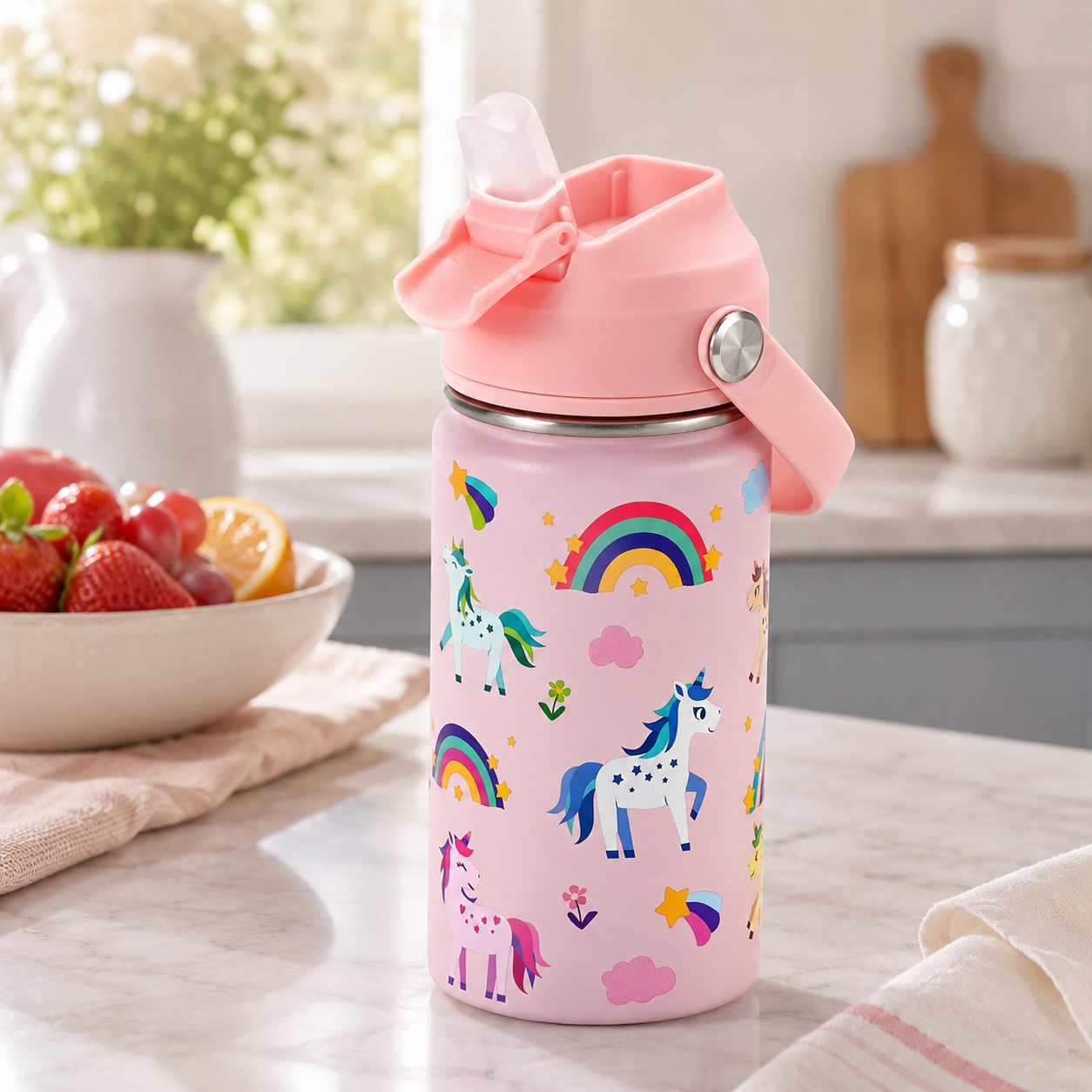 14 oz Kids Insulated Water Bottle with Silicone Straw – Leakproof Stainless Steel School Bottle