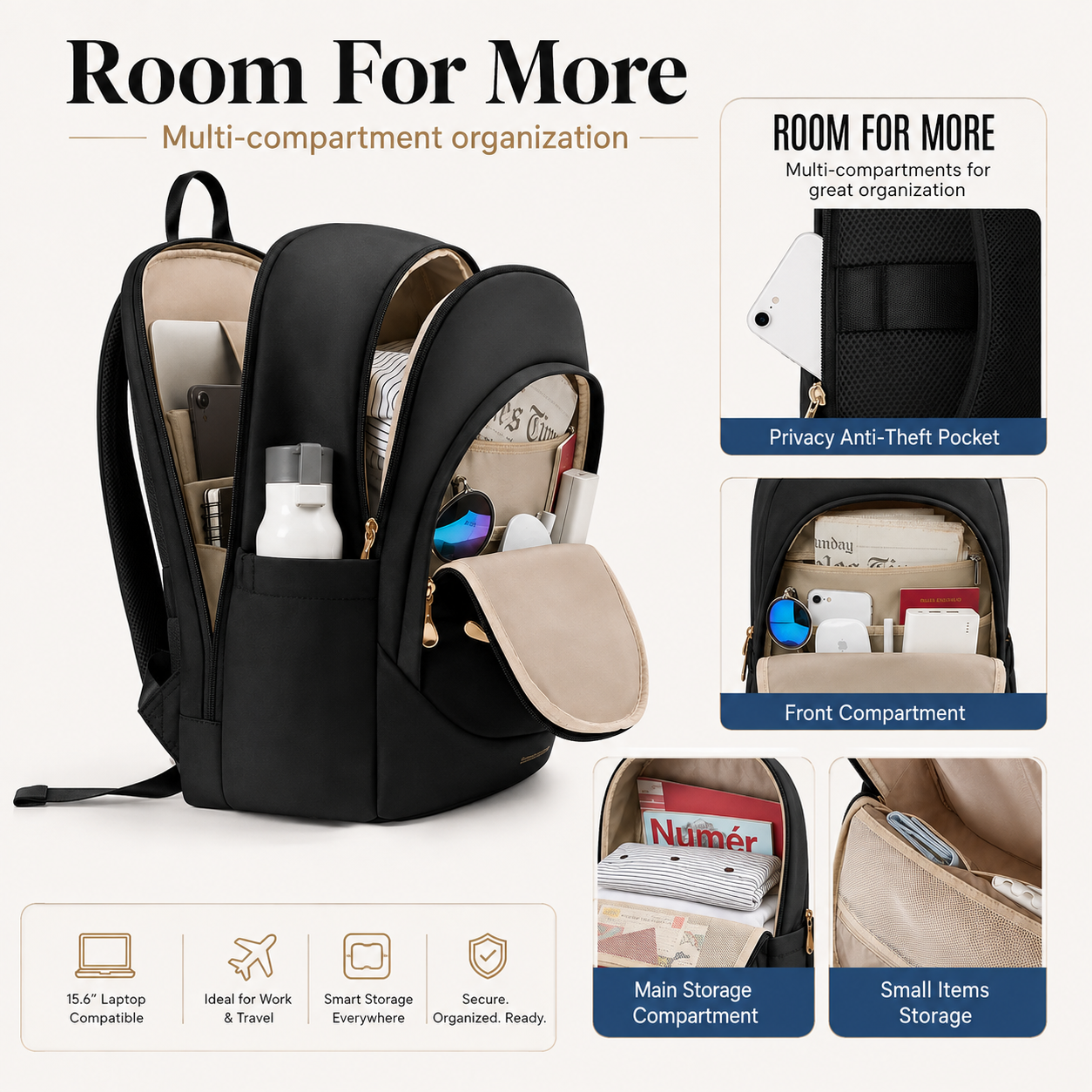 Women’s 15.6" Laptop Backpack – Large Capacity Work, College & Travel Bag