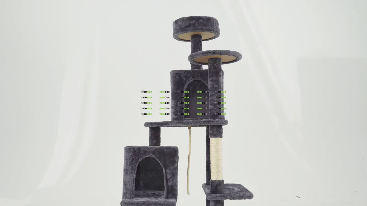 Dark Grey Multi-Level Cat Tree – Scratching Posts, Cozy Houses & Hanging Toys