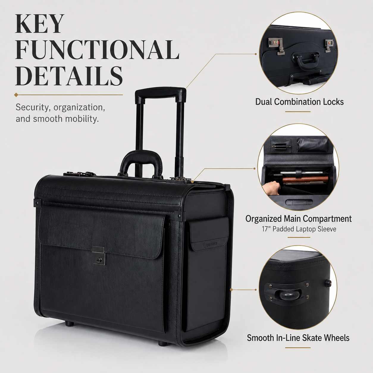17-Inch Executive Rolling Laptop Briefcase with Wheels & Combination Locks
