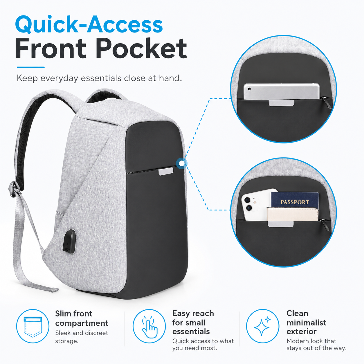 Premium Anti-Theft 15.6-Inch Laptop Backpack with USB Charging – Light Grey