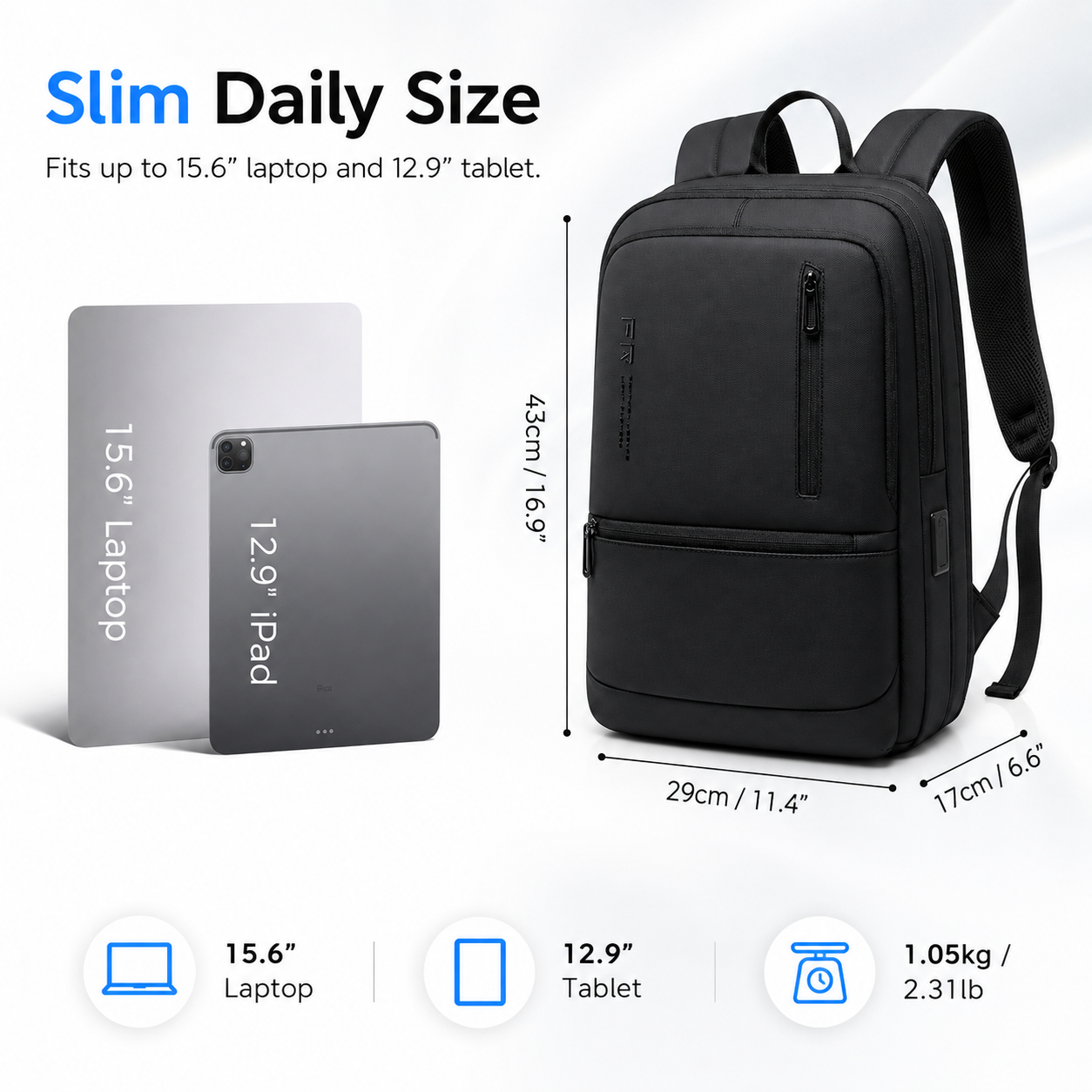 Expandable 15.6" Laptop Backpack – 12L–22L Business & Travel Bag with USB-C & USB-A Charging Ports