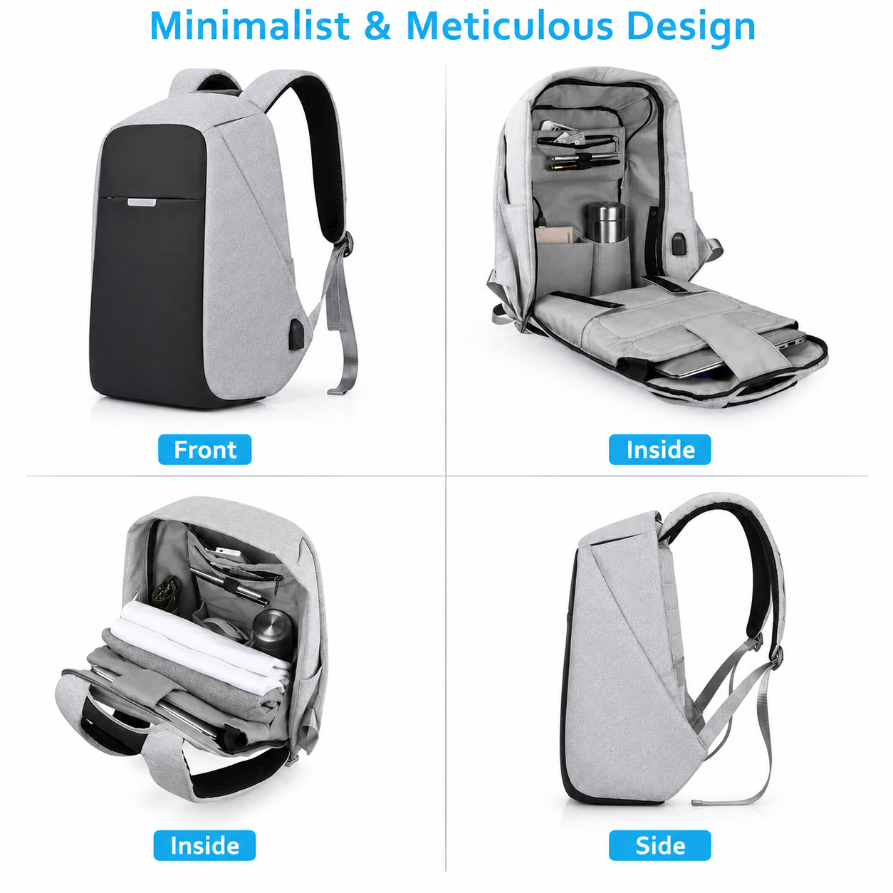 Premium Anti-Theft 15.6-Inch Laptop Backpack with USB Charging – Light Grey