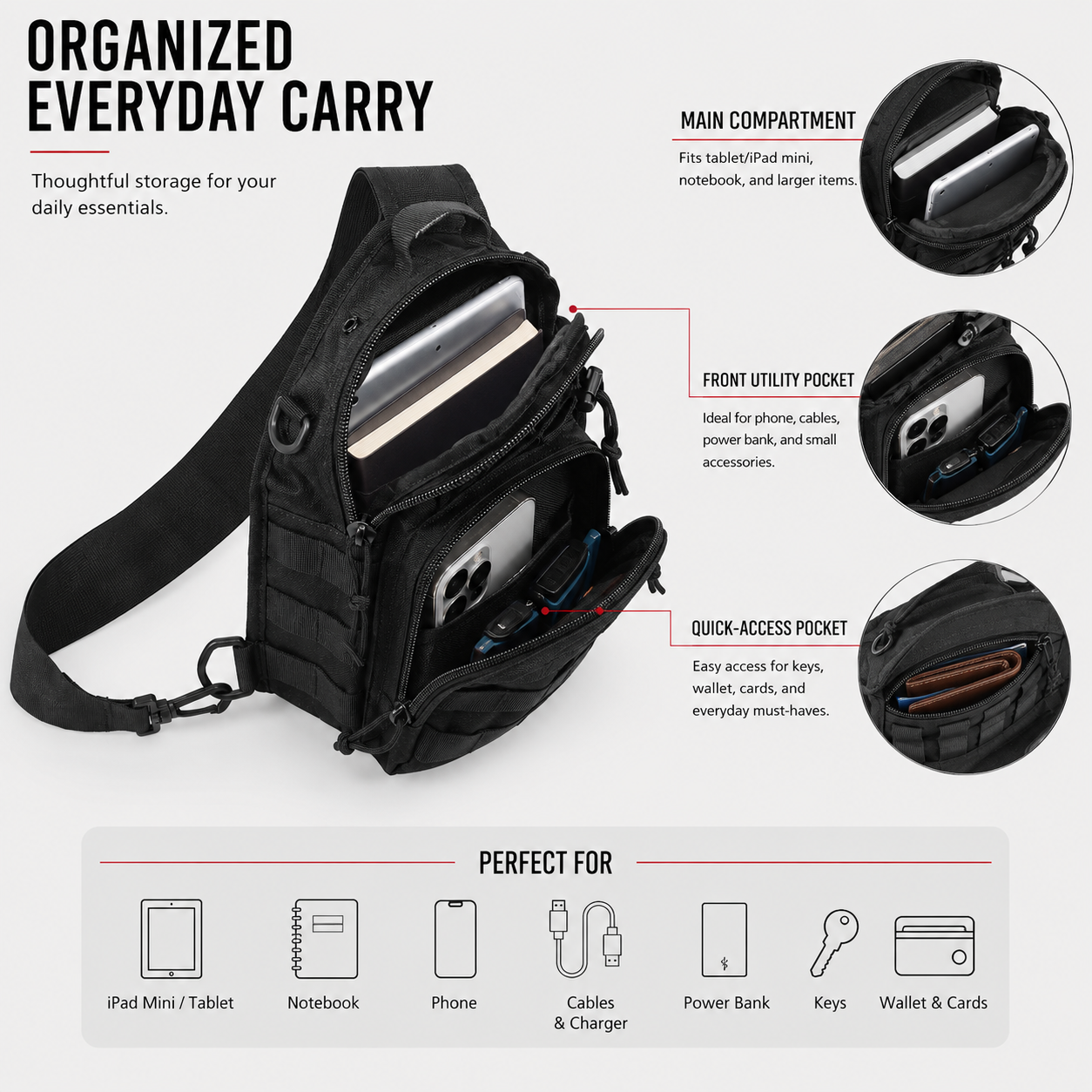 1000D Tactical Sling Bag with MOLLE Webbing – Compact Crossbody Chest Pack for Everyday Carry & Outdoor Use, Black