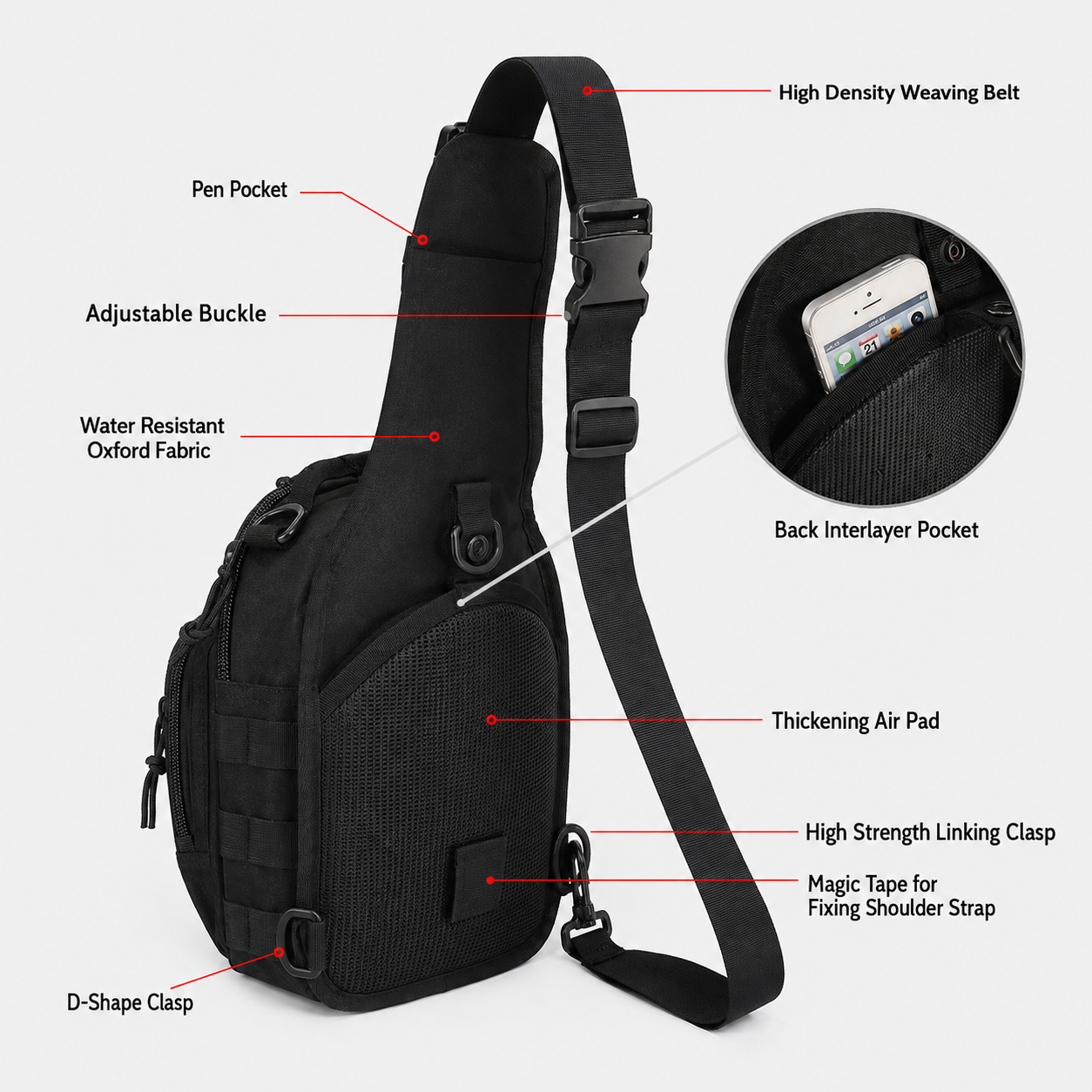 1000D Tactical Sling Bag with MOLLE Webbing – Compact Crossbody Chest Pack for Everyday Carry & Outdoor Use, Black