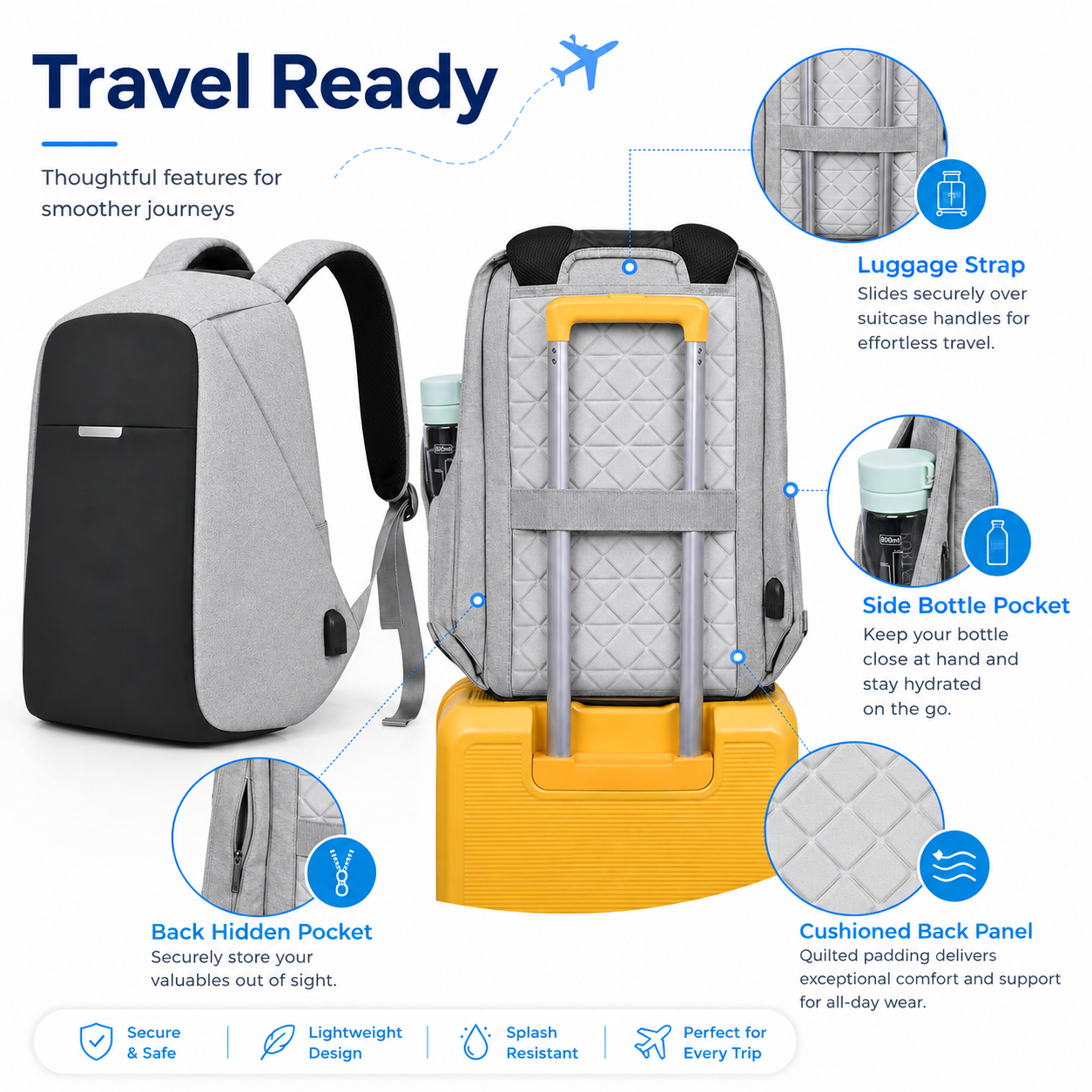 Premium Anti-Theft 15.6-Inch Laptop Backpack with USB Charging – Light Grey