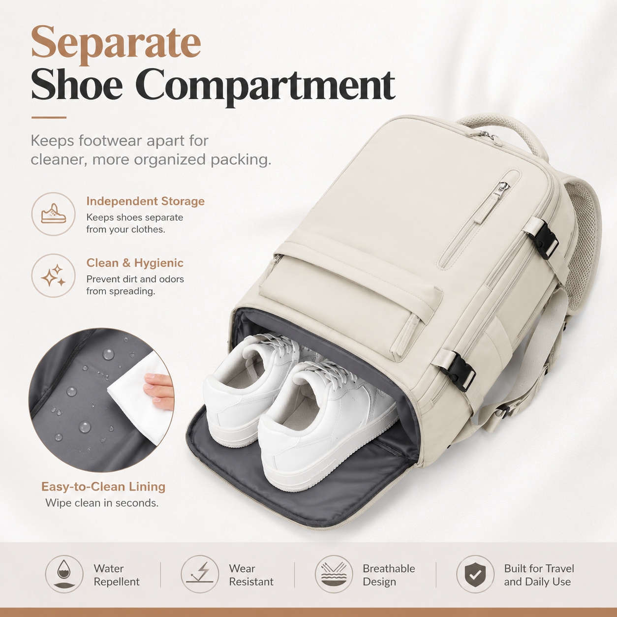 Women’s Flight-Ready Carry-On Backpack with Shoe Compartment & Wet Pocket – Beige