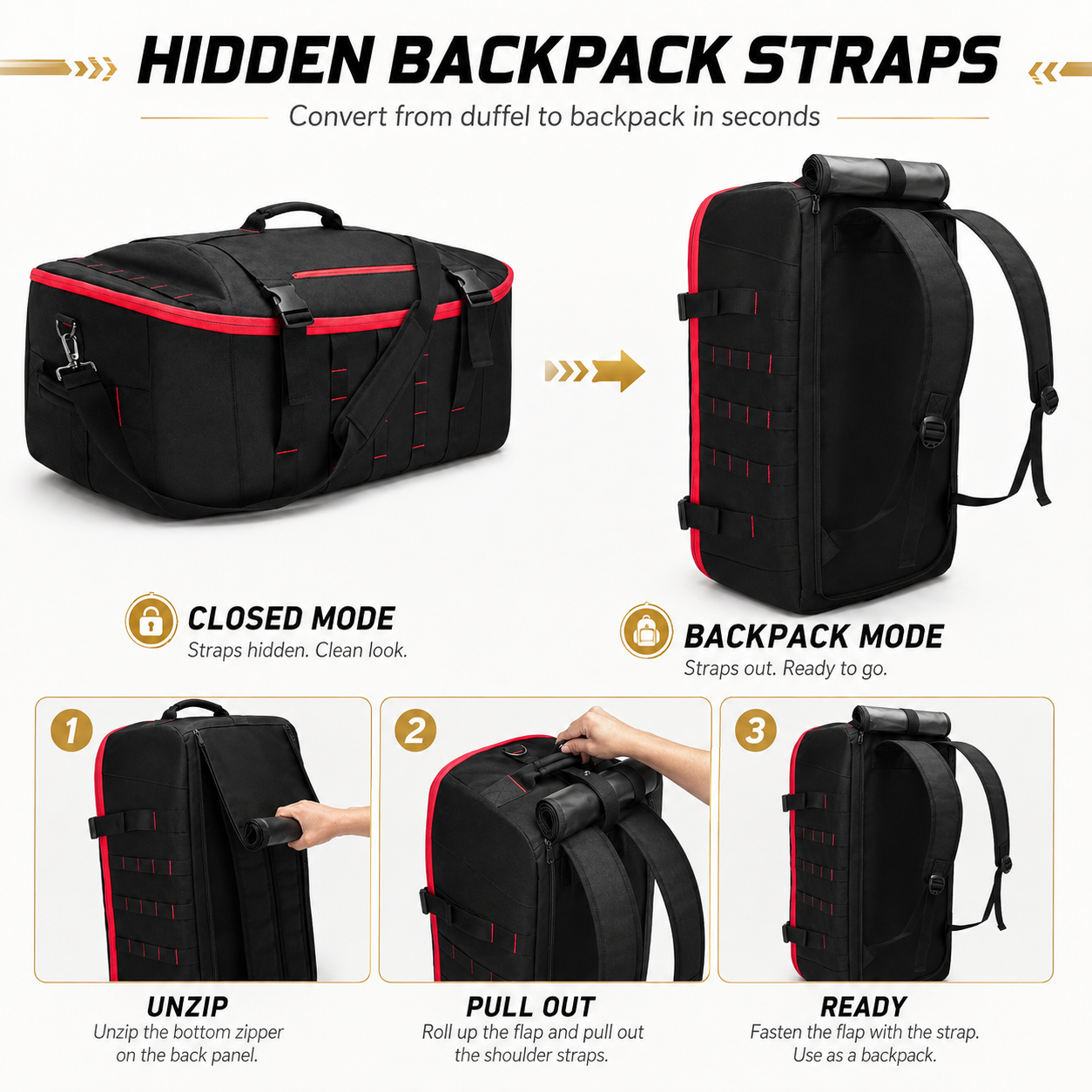 65L Tactical Duffle Backpack – Large Water-Resistant Travel & Gym Bag