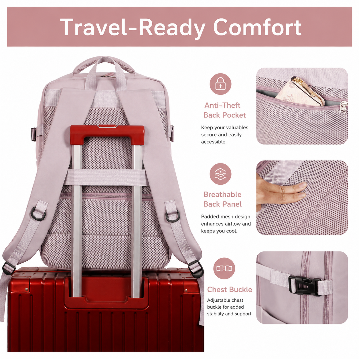 Large TSA-Friendly 17-Inch Travel Laptop Backpack – Pink Khaki