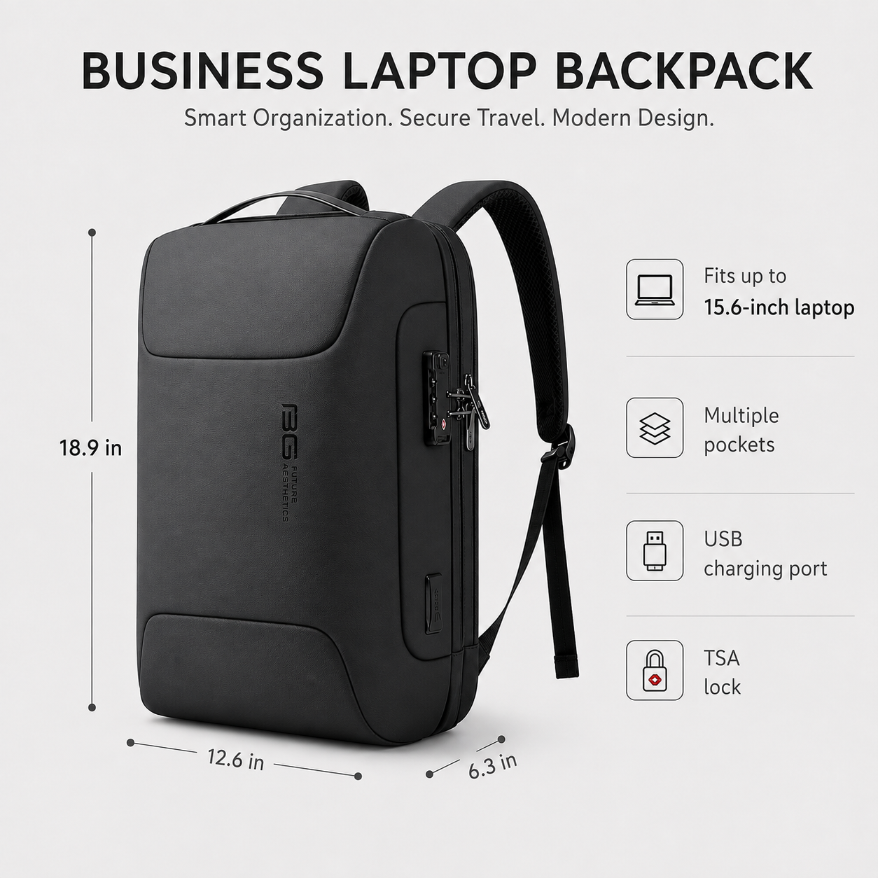 Anti-Theft Business Laptop Backpack 15.6" – TSA Lock, USB Charging & Water-Resistant Travel Design