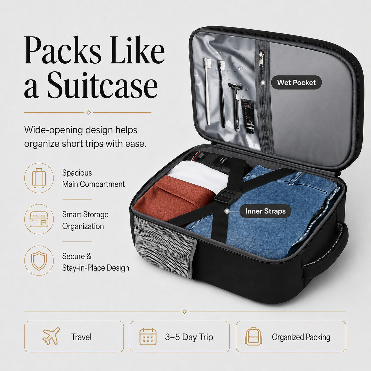 Flight-Approved Lightweight Travel Backpack with 15.6-Inch Laptop Compartment & Suitcase-Style Opening – Black