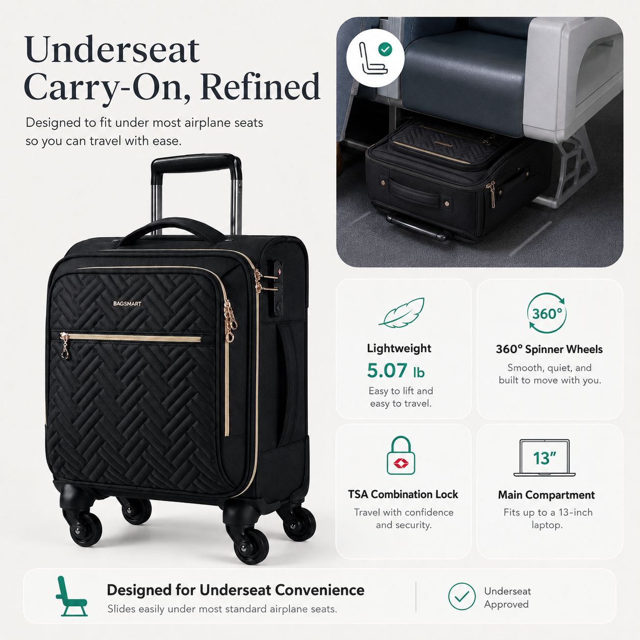 16-Inch Underseat Carry-On Spinner Luggage with TSA Lock & 360° Wheels