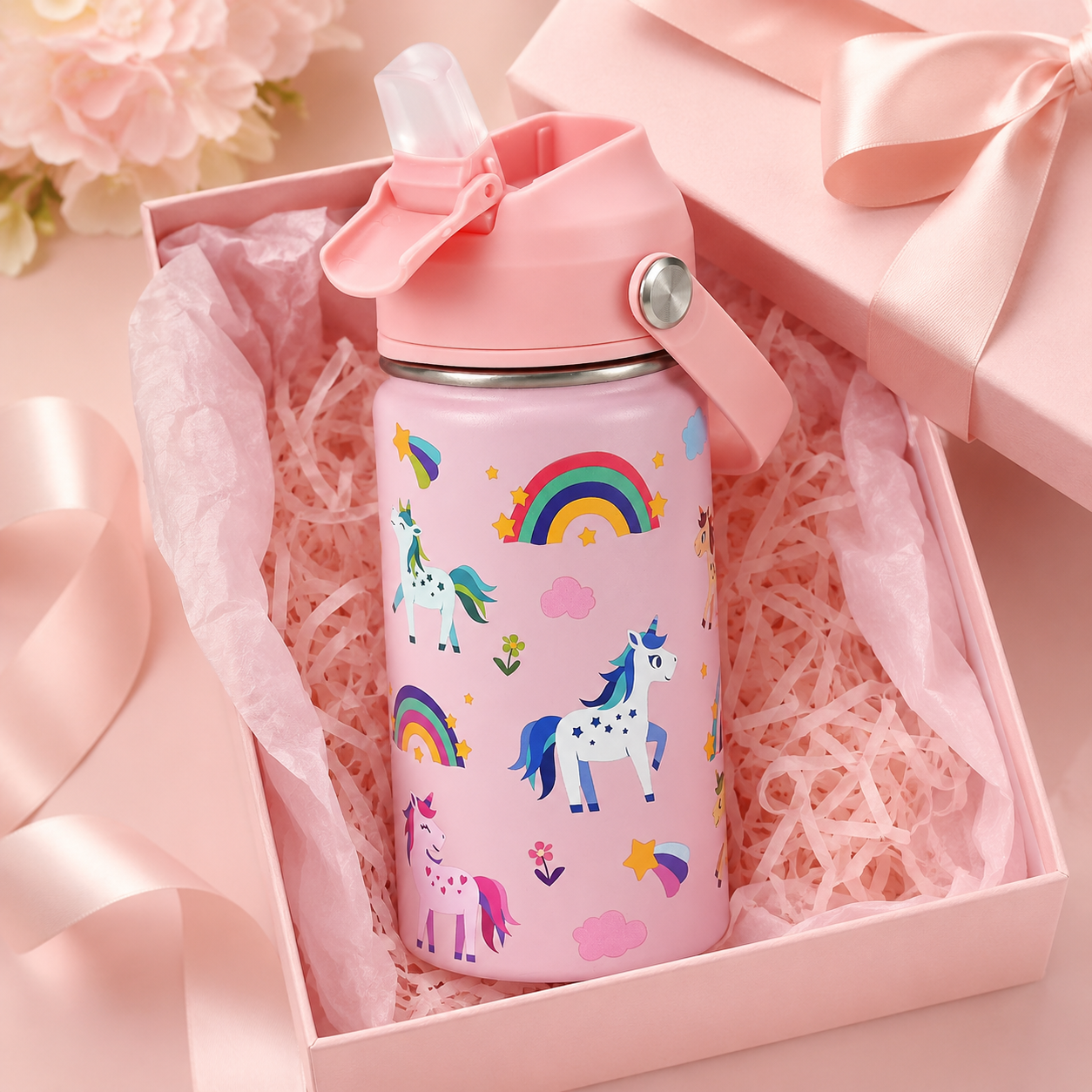 14 oz Kids Insulated Water Bottle with Silicone Straw – Leakproof Stainless Steel School Bottle