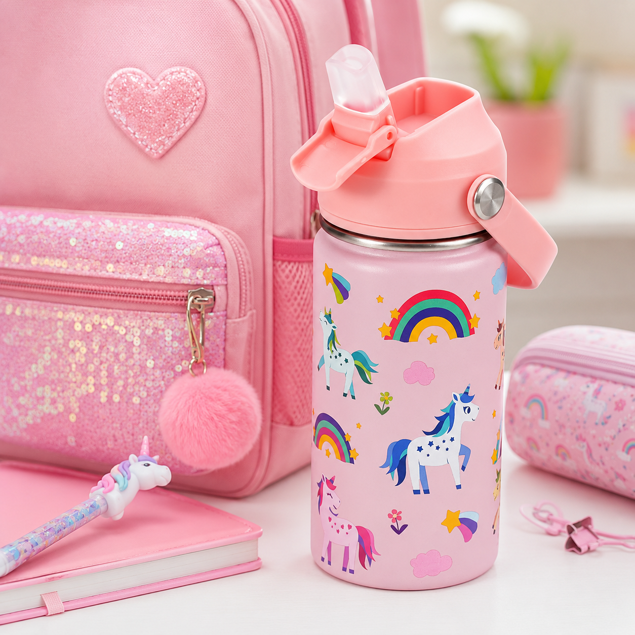 14 oz Kids Insulated Water Bottle with Silicone Straw – Leakproof Stainless Steel School Bottle