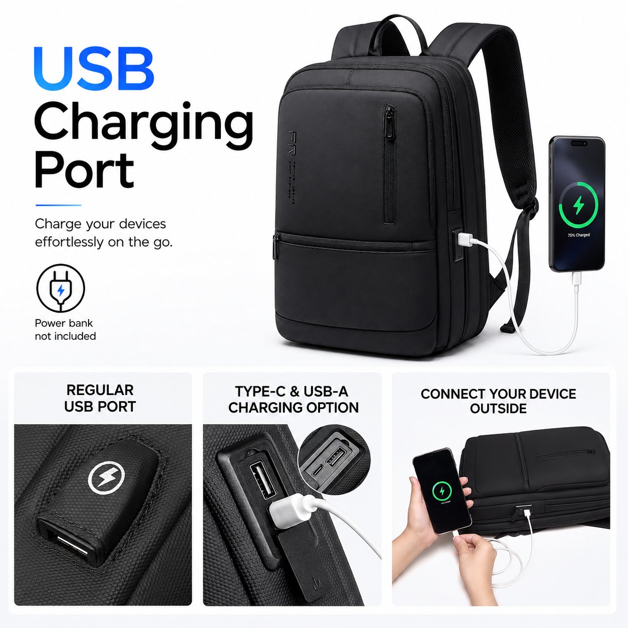 Expandable 15.6" Laptop Backpack – 12L–22L Business & Travel Bag with USB-C & USB-A Charging Ports