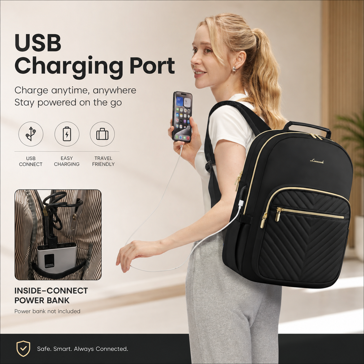 Premium Quilted Laptop Backpack for Women – 15.6" Work & Travel Bag with USB Charging