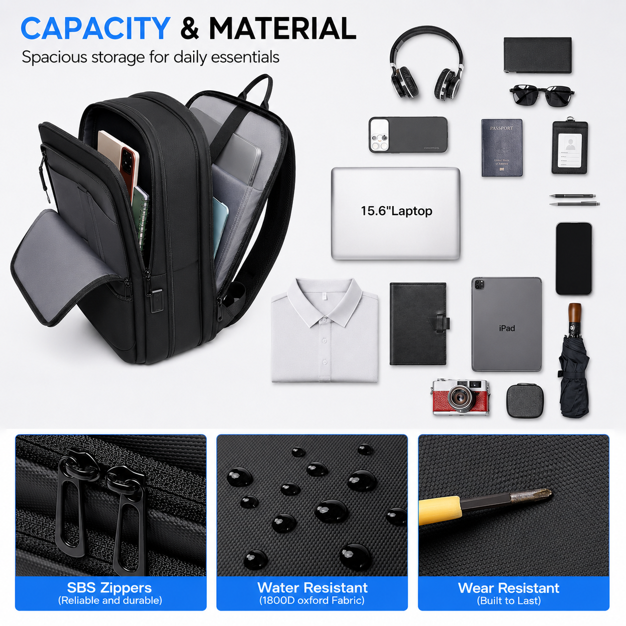 Expandable 15.6" Laptop Backpack – 12L–22L Business & Travel Bag with USB-C & USB-A Charging Ports
