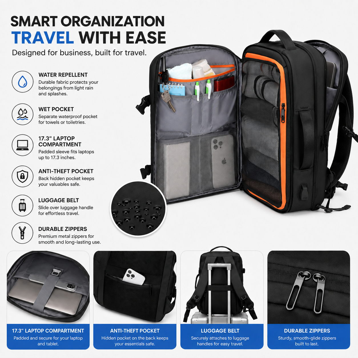 35L Expandable Carry-On Travel Backpack with 17.3-Inch Laptop Compartment – Black