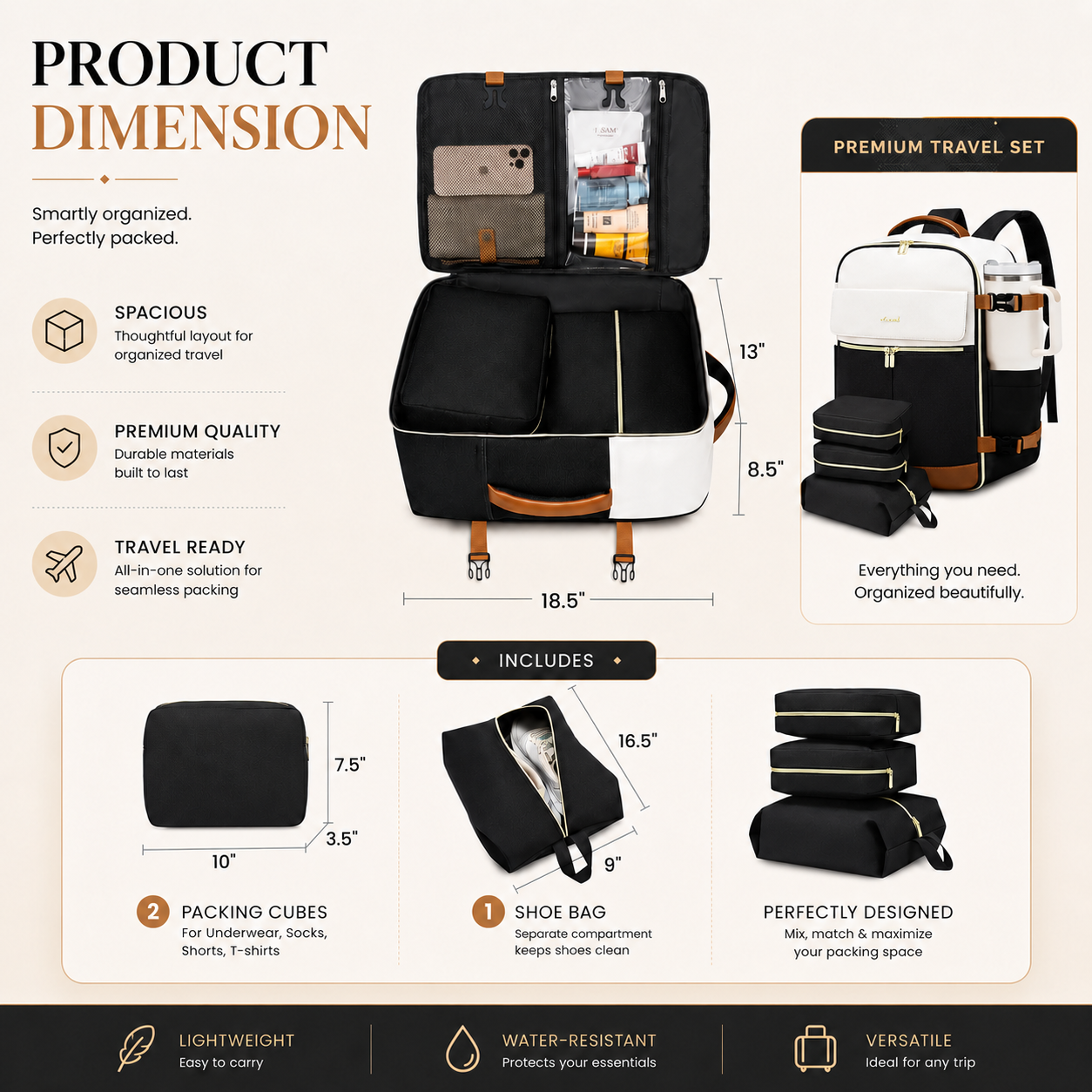40L Carry-On Travel Backpack with Laptop Compartment & Packing Cubes
