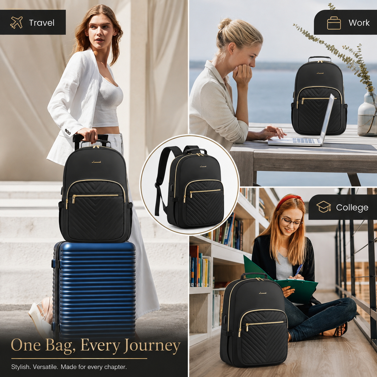 Premium Quilted Laptop Backpack for Women – 15.6" Work & Travel Bag with USB Charging