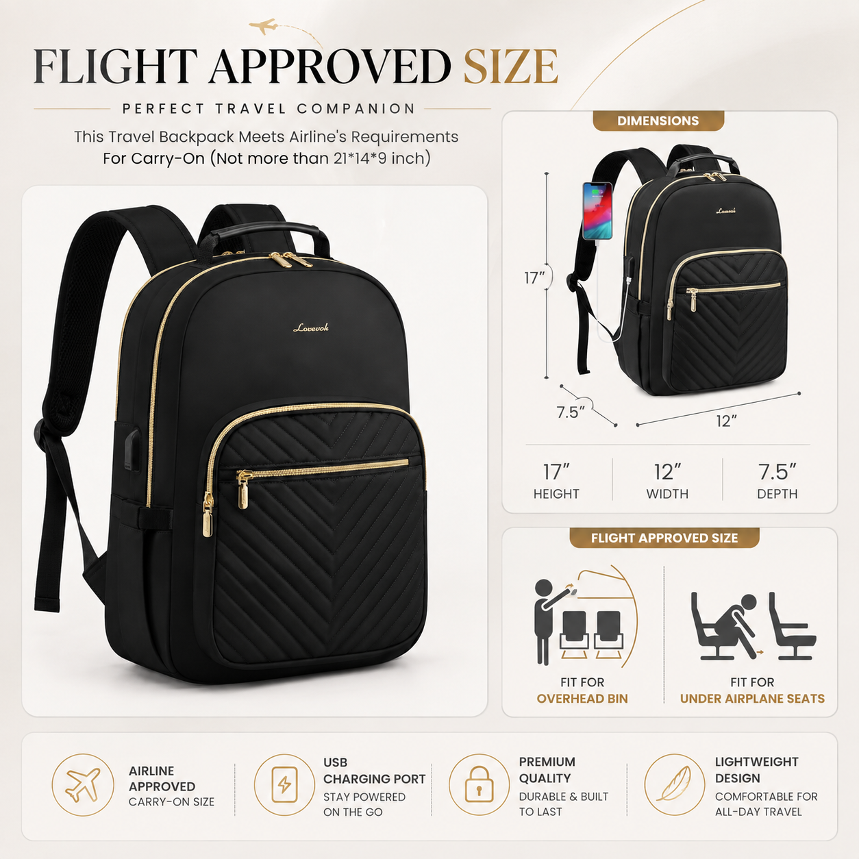 Premium Quilted Laptop Backpack for Women – 15.6" Work & Travel Bag with USB Charging