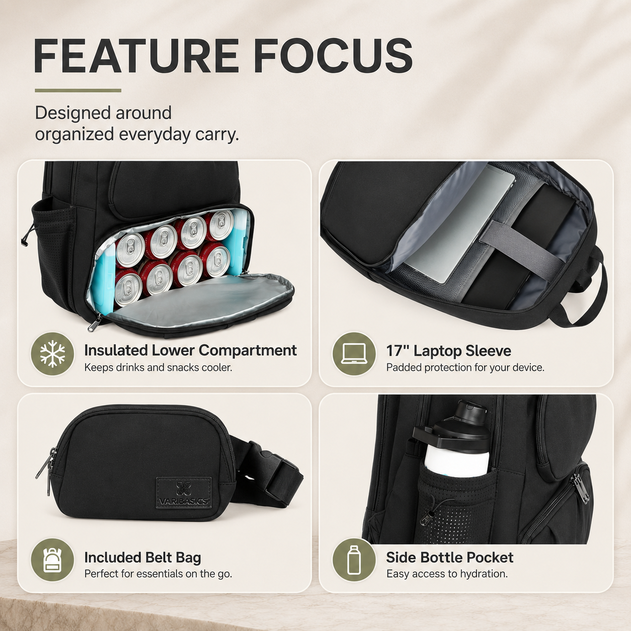 Women’s Insulated Lunch Backpack with 17” Laptop Compartment & Belt Bag